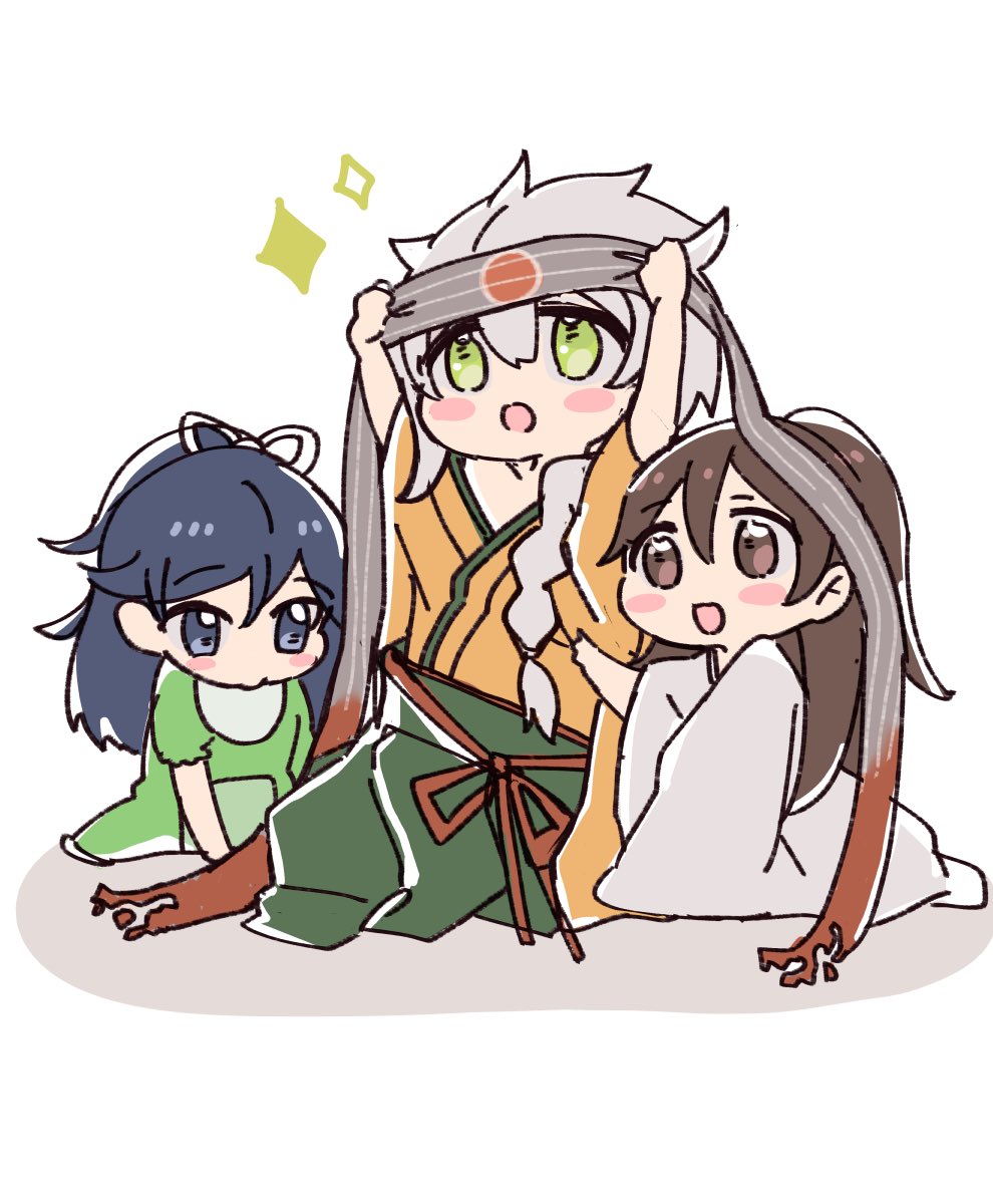 3girls :o amagi_(kantai_collection) black_hair blue_eyes blush braid brown_eyes brown_hair child cosplay fujisaki_(si_da) green_eyes green_hakama hachimaki hair_over_shoulder hair_ribbon hakama headband high_ponytail highres hiryuu_(kantai_collection) hiryuu_(kantai_collection)_(cosplay) japanese_clothes kantai_collection katsuragi_(kantai_collection) kimono long_hair multiple_girls orange_kimono ponytail ribbon silver_hair simple_background single_braid unryuu_(kantai_collection) very_long_hair white_background white_ribbon wide_ponytail younger