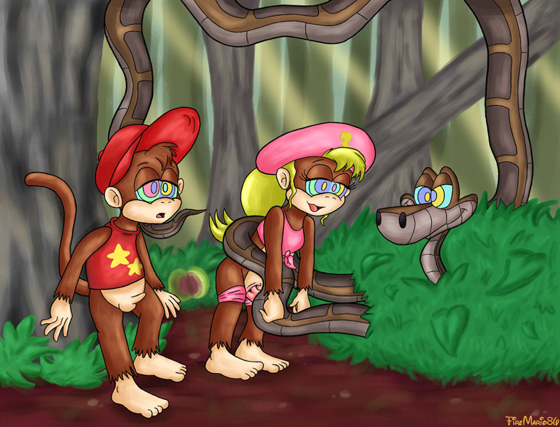 crossover diddy_kong disney dixie_kong donkey_kong donkey_kong_(series) donkey_kong_country female feral firemario86 hair hypnofire86 interspecies jungle_book kaa kaa_(jungle_book) male mammal mind_control monkey nintendo penis primate pussy reptile scalie snake video_games