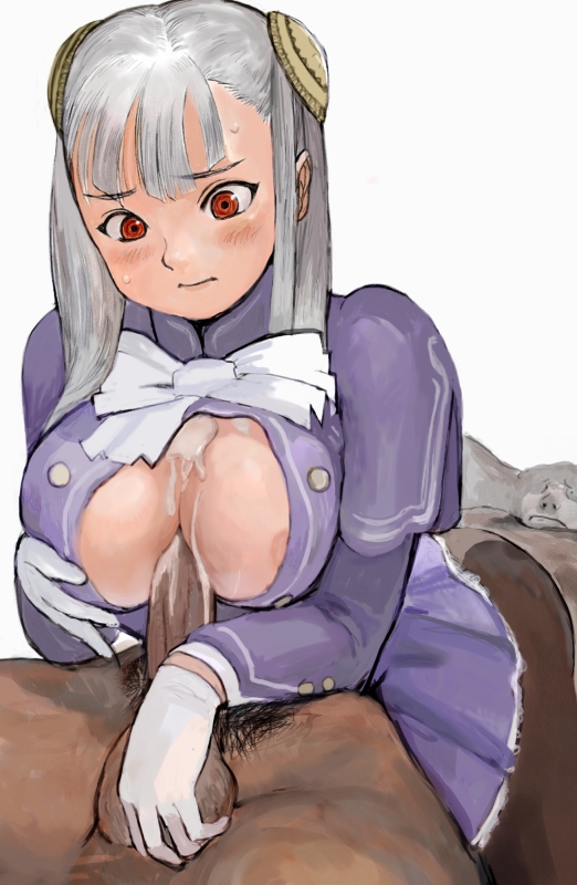 1girl artist_request breasts capcom_fighting_jam cleavage cum gloves hairpods hetero ingrid large_breasts long_hair nipple_slip nipples open_clothes open_shirt paizuri pantyhose penis red_eyes shirt solo_focus testicles white_hair