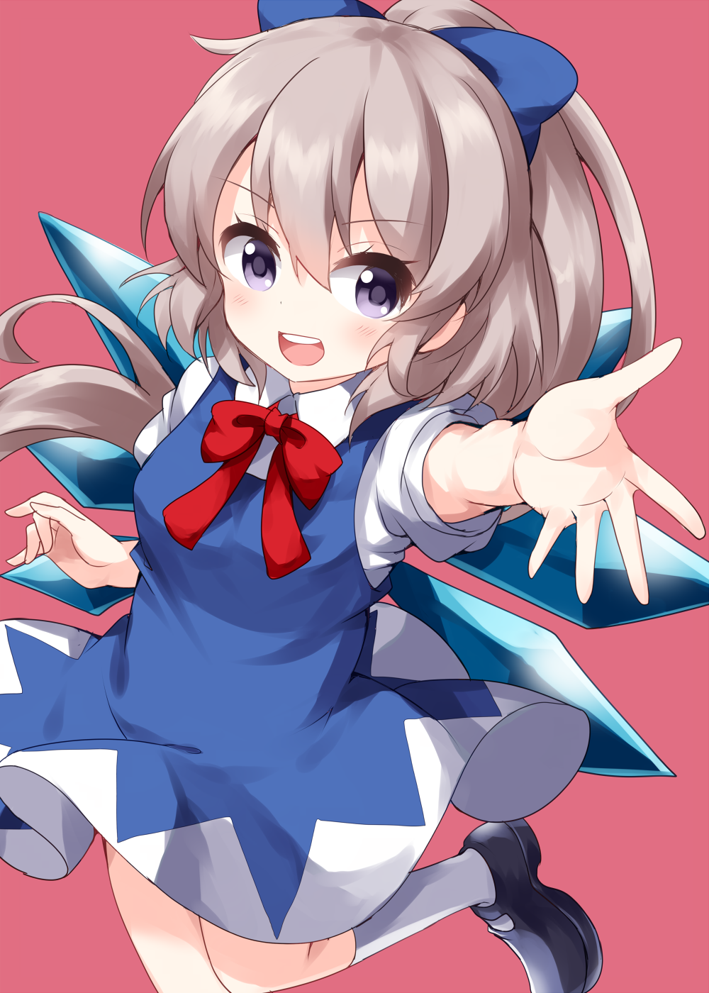 1girl black_footwear blue_bow blue_dress bow bowtie cirno cirno_(cosplay) collared_shirt cosplay dress foot_out_of_frame hair_bow highres ice ice_wings mary_janes mononobe_no_futo open_mouth outstretched_hand pink_background ponytail purple_eyes red_bow red_neckwear ruu_(tksymkw) shirt shoes short_sleeves silver_hair simple_background smile socks solo touhou upper_teeth white_legwear white_shirt wings