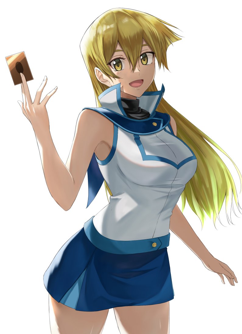 1girl :d bangs black_vest blonde_hair blue_skirt breasts card cowboy_shot floating_hair hair_between_eyes holding holding_card jacket large_breasts long_hair looking_at_viewer miniskirt open_mouth rourou_ill shiny shiny_hair shiny_skin simple_background skirt sleeveless sleeveless_jacket smile solo standing straight_hair sweater tenjouin_asuka turtleneck turtleneck_sweater very_long_hair vest white_background white_jacket yellow_eyes yuu-gi-ou yuu-gi-ou_gx