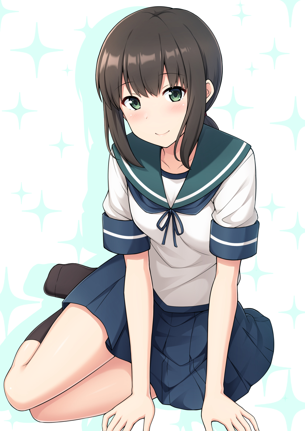 1girl black_hair blue_sailor_collar blue_skirt commentary_request fubuki_(kantai_collection) full_body green_eyes highres kantai_collection looking_at_viewer low_ponytail nakamura_sumikage pleated_skirt ponytail sailor_collar school_uniform serafuku short_ponytail sidelocks sitting skirt solo sparkle_background yokozuwari