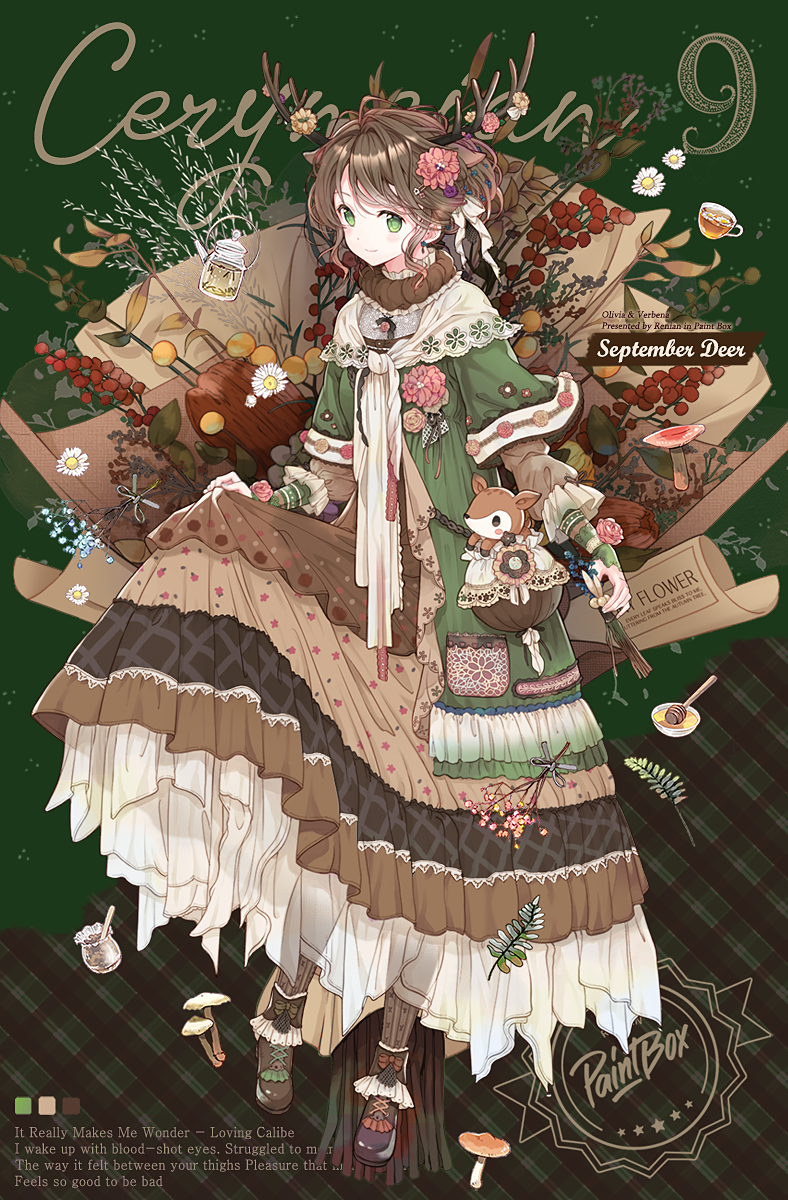 1girl asymmetrical_footwear bangs blush brown_hair closed_mouth commentary_request daisy deer dress english_text flower full_body glass green_eyes hair_flower hair_ornament hairclip highres holding holding_clothes holding_dress liquid original plaid plant rednian shiny shiny_hair shoes smile