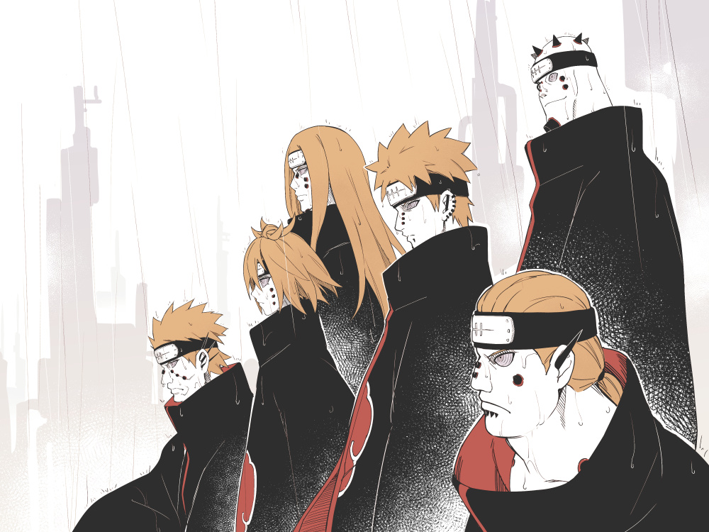 1girl 5boys akatsuki_uniform asutora black_cloak cloak commentary_request ear_piercing forehead_protector from_side high_collar long_hair multiple_boys naruto_(series) naruto_shippuuden orange_hair pain_(naruto) piercing purple_eyes rain rinnegan short_hair upper_body