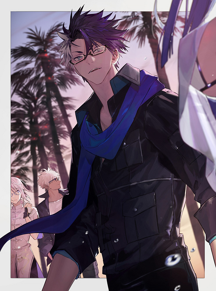 1boy 1girl bangs black-framed_eyewear blurry_foreground border character_request commentary_request fate/grand_order fate_(series) from_below glasses hair_between_eyes itefu multicolored_hair multiple_boys multiple_girls open_mouth outdoors outside_border palm_tree purple_hair purple_scarf scarf sigurd_(fate/grand_order) sigurd_(fire_emblem) sleeves_past_elbows teeth tree two-tone_hair water_drop