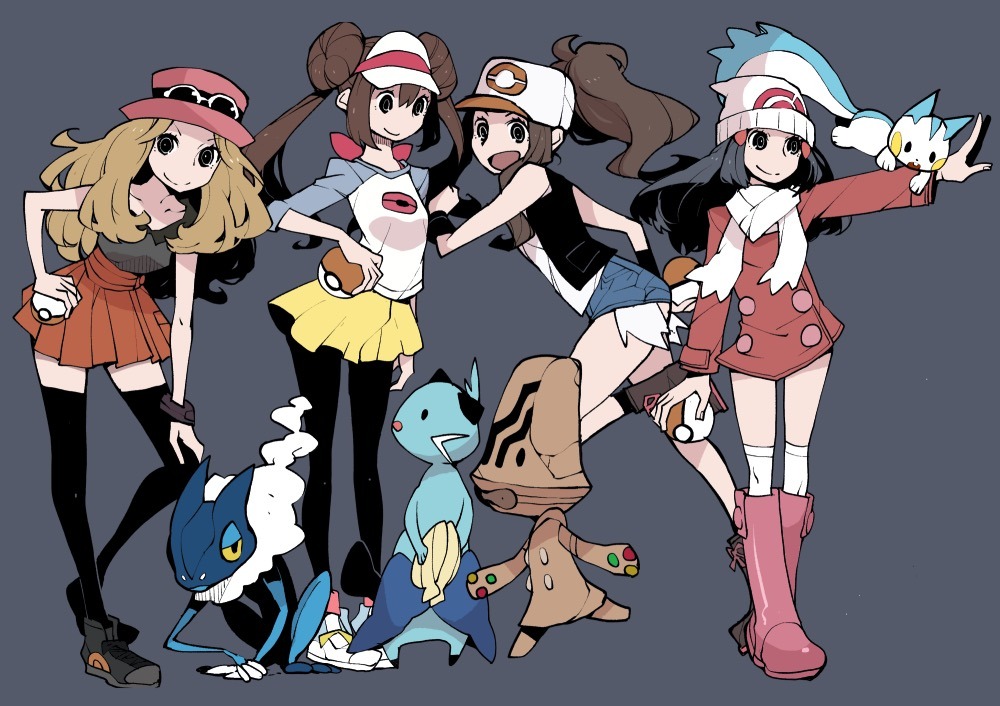 4girls beheeyem black_legwear blue_background blue_hair boots brown_hair dawn_(pokemon) denim denim_shorts dewott double_bun dowman_sayman frogadier gen_4_pokemon gen_5_pokemon gen_6_pokemon hair_ornament hat hilda_(pokemon) holding holding_poke_ball jacket light_brown_hair long_hair long_sleeves multiple_girls open_mouth pachirisu pantyhose poke_ball pokemon pokemon_(creature) pokemon_(game) pokemon_bw pokemon_bw2 pokemon_dppt pokemon_xy raglan_sleeves rosa_(pokemon) scarf serena_(pokemon) shirt shorts simple_background skirt sleeveless smile thighhighs vest visor_cap white_legwear white_scarf