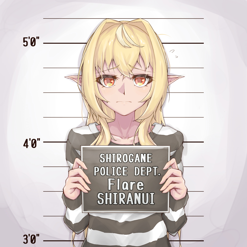 bangs blonde_hair brown_eyes character_name collarbone commentary_request elf frown furrowed_eyebrows hair_intakes hair_over_shoulder holding holding_sign hololive long_hair multicolored_hair orange_eyes pointy_ears prison_clothes shiranui_flare sidelocks sign streaked_hair sweatdrop uchukurage_san upper_body virtual_youtuber