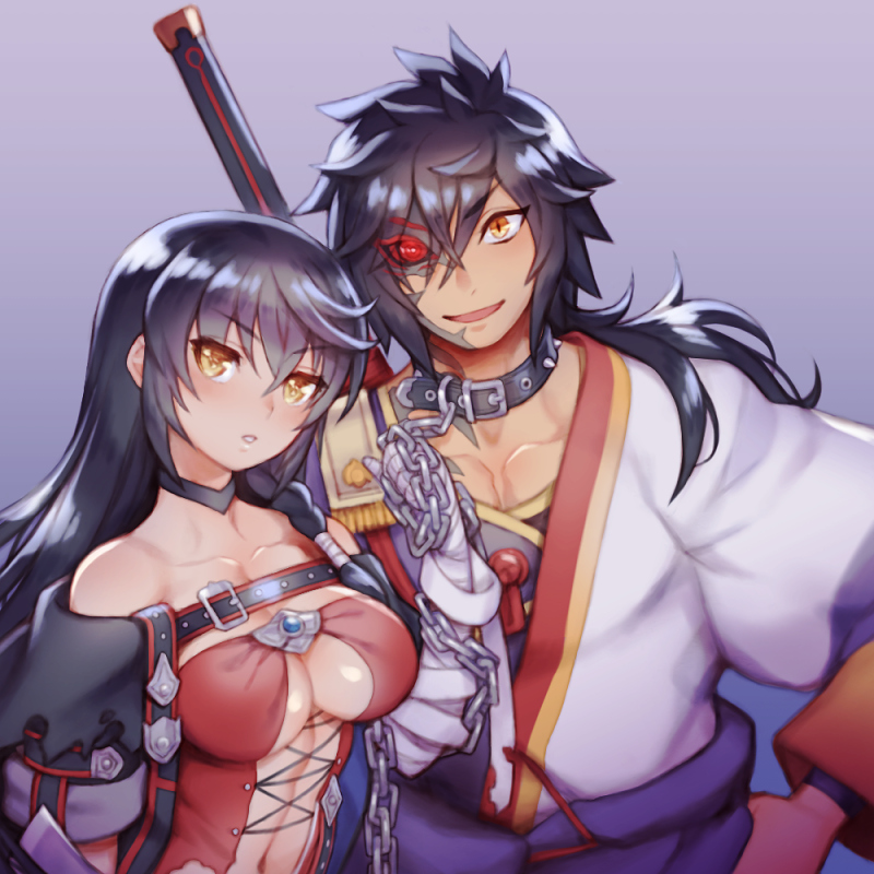 1boy 1girl :d bandaged_arm bandages bangs black_choker black_hair black_sclera breasts chain choker cleavage collar collarbone couple eyebrows_visible_through_hair eyes_visible_through_hair folks_(nabokof) grey_background hair_between_eyes hair_over_one_eye hand_on_hip heterochromia holding holding_chain long_hair looking_at_viewer medium_breasts navel open_mouth red_eyes rokurou_rangetsu shiny shiny_hair shiny_skin slit_pupils smile tales_of_(series) tales_of_berseria velvet_crowe yellow_eyes