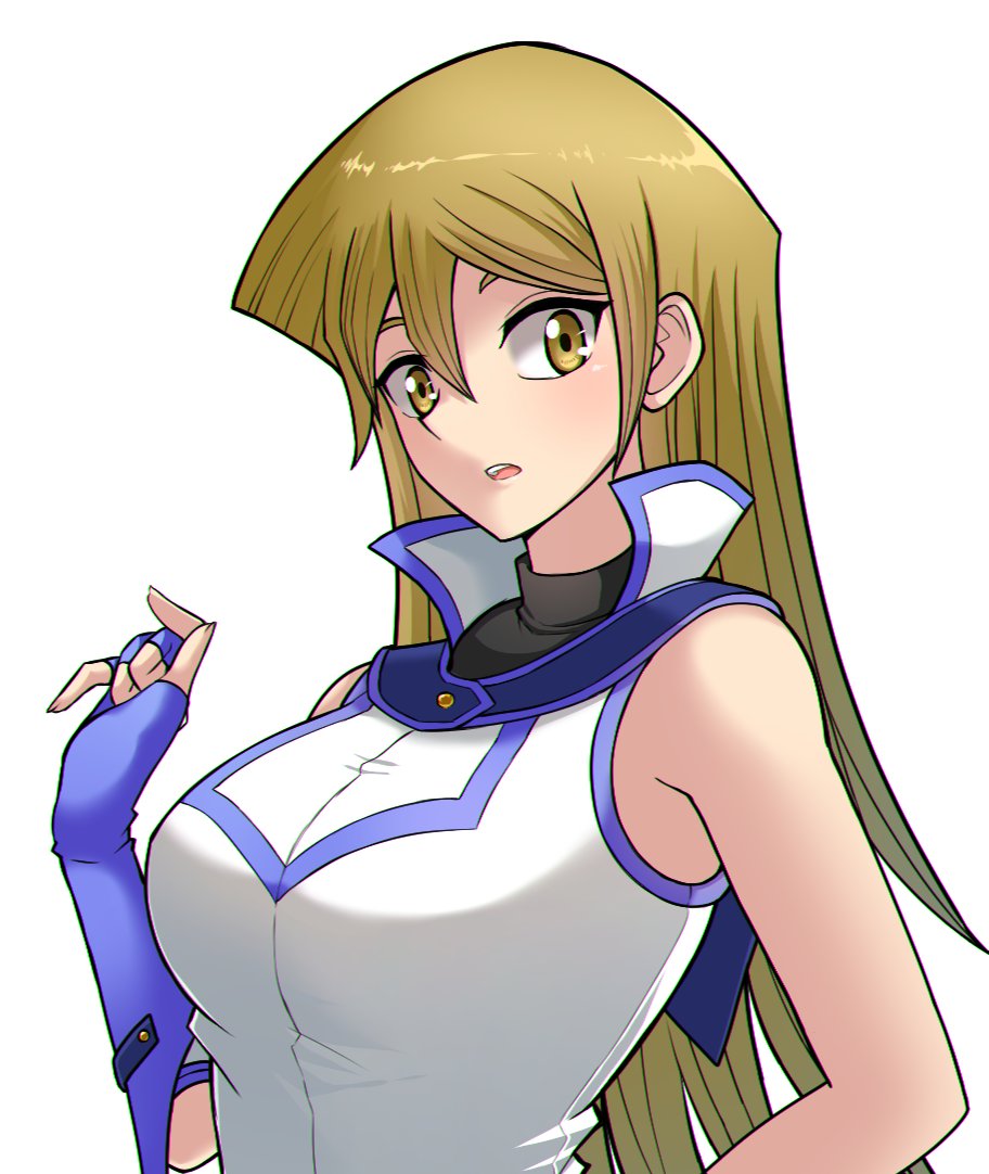 1girl blonde_hair blue_gloves breasts elbow_gloves fingerless_gloves gloves large_breasts long_hair looking_at_viewer open_mouth s1145 solo tenjouin_asuka white_background yellow_eyes yuu-gi-ou yuu-gi-ou_gx