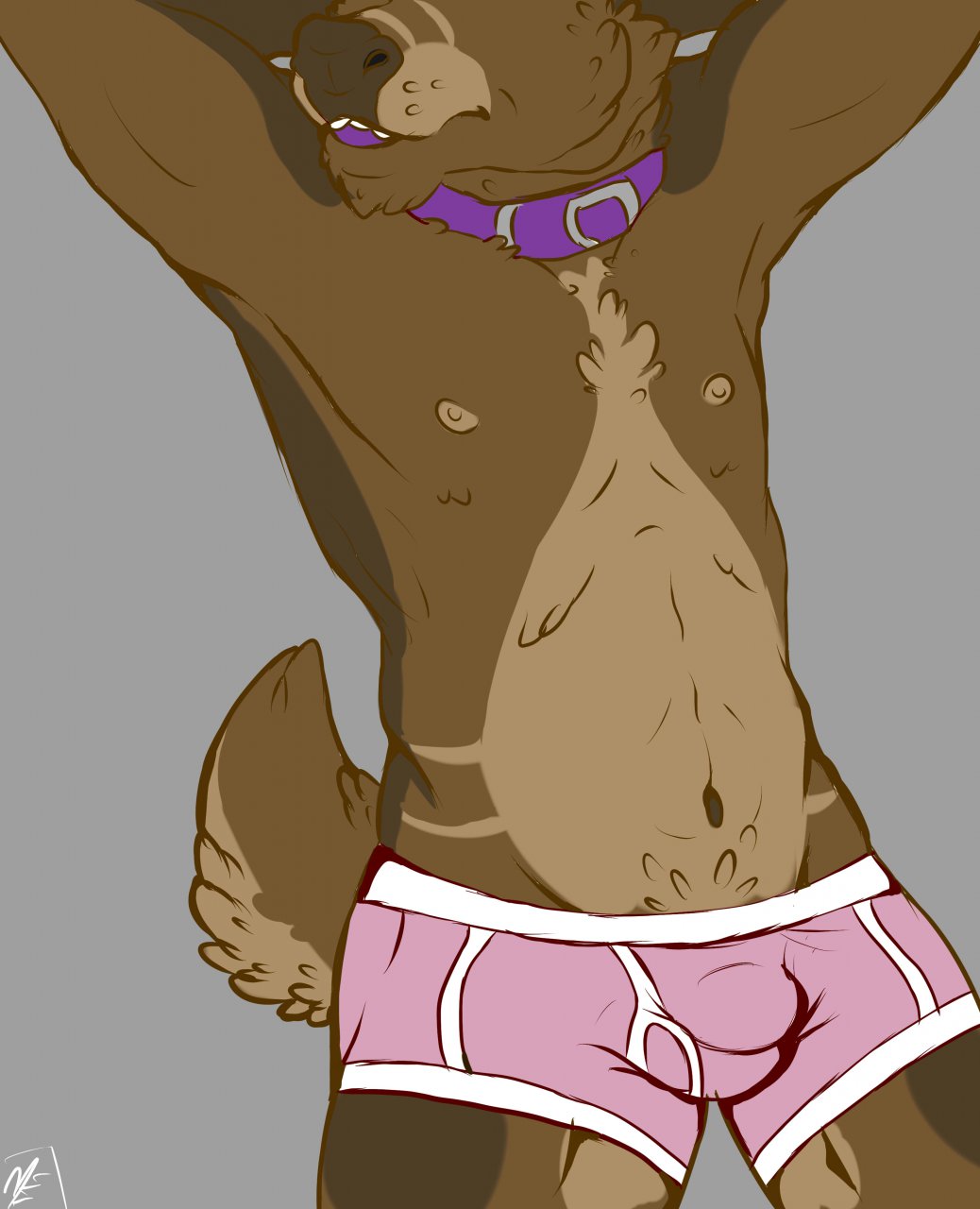 anthro bambii_dog belly bulge cervid clothing collar hi_res male male/male mammal pinup pose solo stoobs underwear