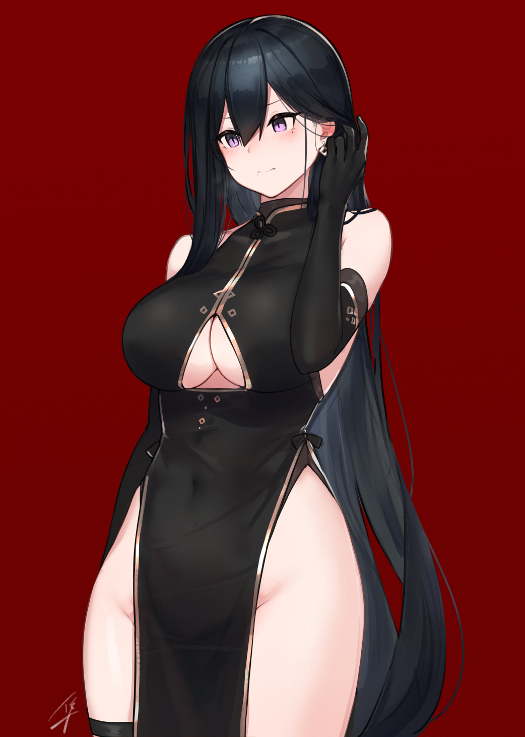 1girl arm_at_side bare_shoulders black_dress black_gloves black_hair blush breasts china_dress chinese_clothes cleavage cleavage_cutout closed_mouth commentary_request covered_navel cowboy_shot dress earrings elbow_gloves gloves groin hair_tucking hayabusa highres jewelry large_breasts long_hair looking_away looking_down mole mole_under_eye no_panties original pelvic_curtain purple_eyes red_background signature simple_background solo straight_hair thigh_strap thighs very_long_hair