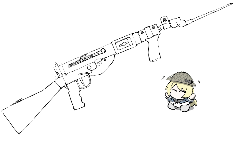 1girl ^_^ bayonet black_neckerchief blonde_hair blue_jacket chibi closed_eyes commentary_request dress grey_footwear gun jacket jervis_(kancolle) kantai_collection knife long_hair neckerchief no_mouth sailor_dress shoes simple_background solo sten_gun submachine_gun task_(s_task80) weapon weapon_focus white_background white_dress