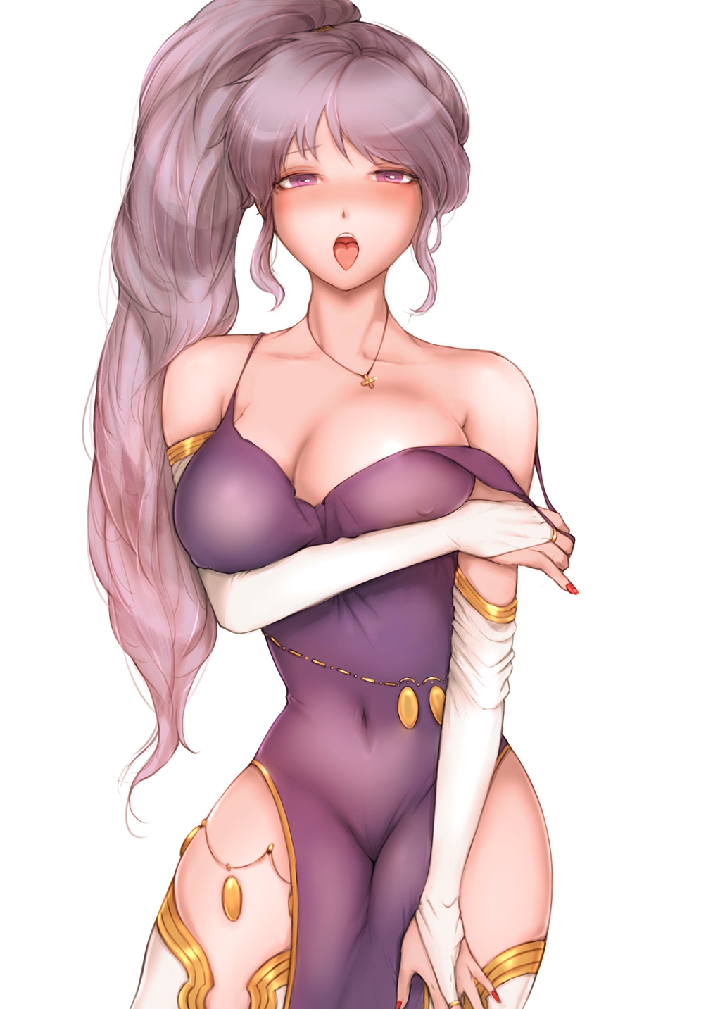 1girl bare_shoulders bare_thighs blush breasts cleavage elbow_gloves fire_emblem fire_emblem:_genealogy_of_the_holy_war gloves highres ishtar_(fire_emblem) jtaka large_breasts long_hair looking_at_viewer midriff nipples open_mouth ponytail purple_eyes red_nails see-through side_ponytail thighs tongue tongue_out undressing