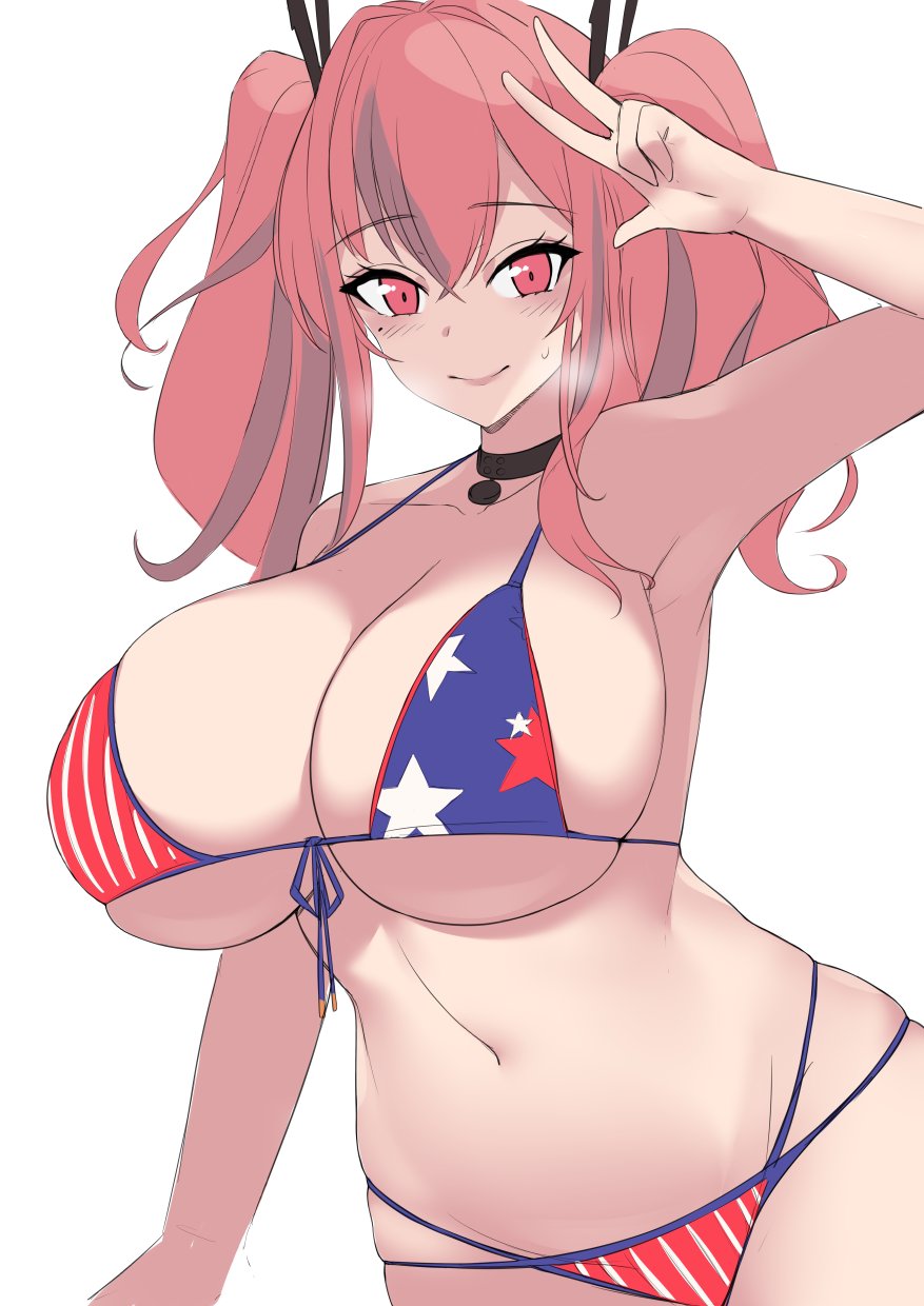 1girl american_flag_bikini armpits azur_lane bikini blush breasts bremerton_(azur_lane) choker cleavage flag_print front-tie_bikini front-tie_top hair_between_eyes headgear highres huge_breasts kuavera long_hair looking_at_viewer mole mole_under_eye navel pink_eyes pink_hair sideboob skindentation smile solo sweatdrop swimsuit twintails underboob v work_in_progress