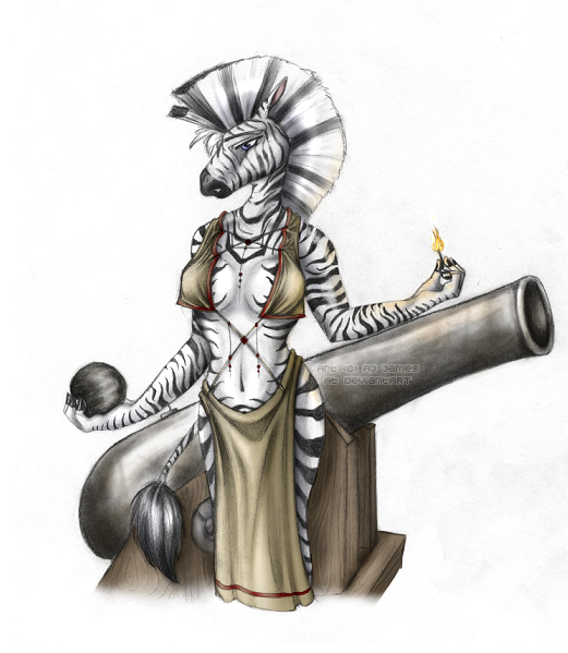 anthro anthropirategallery cannon cannonball clothed clothing equid equine female fire mammal match opal pose ranged_weapon simple_background solo warrior weapon zebra