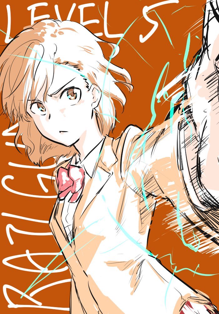 1girl :&lt; bangs biribiri blazer bob_cut bow bowtie brown_background brown_eyes brown_hair brown_jacket dress_shirt dutch_angle electricity foreshortening frown furrowed_eyebrows jacket looking_to_the_side misaka_mikoto outstretched_arm parted_bangs shirt short_hair sketch to_aru_kagaku_no_railgun to_aru_majutsu_no_index translated upper_body white_shirt