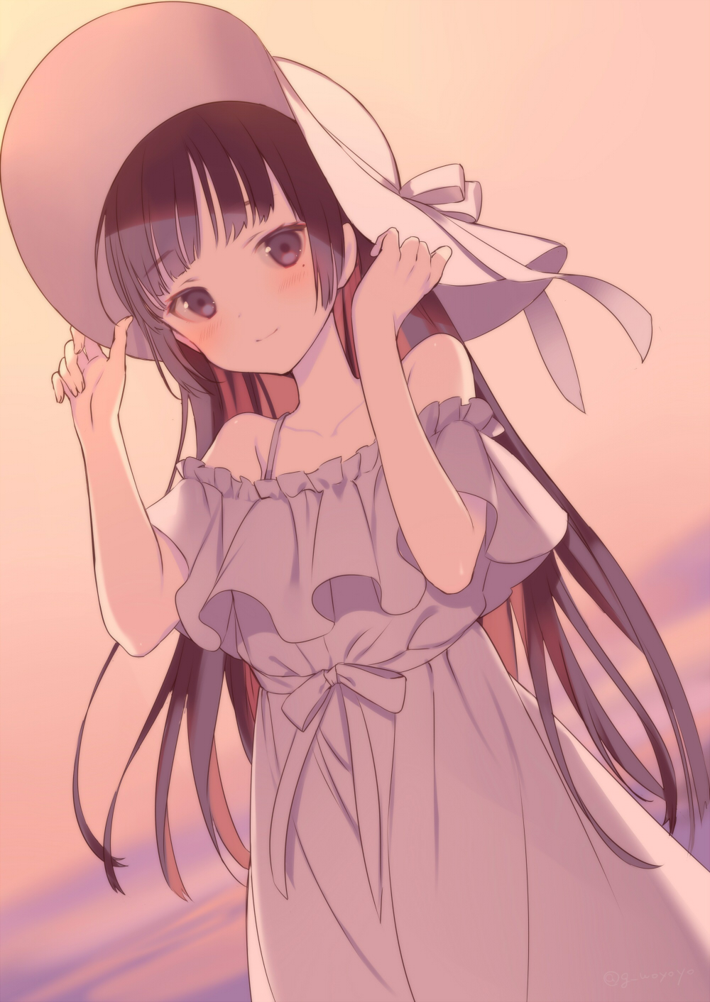 1girl bangs bare_shoulders black_eyes black_hair dress dutch_angle eyebrows_visible_through_hair frilled_dress frills gin_(oyoyo) gokou_ruri hand_on_headwear hat hat_ribbon highres holding holding_clothes holding_hat long_hair looking_at_viewer mole mole_under_eye off-shoulder_dress off_shoulder ore_no_imouto_ga_konna_ni_kawaii_wake_ga_nai ribbon smile solo sun_hat sundress white_dress white_headwear white_ribbon