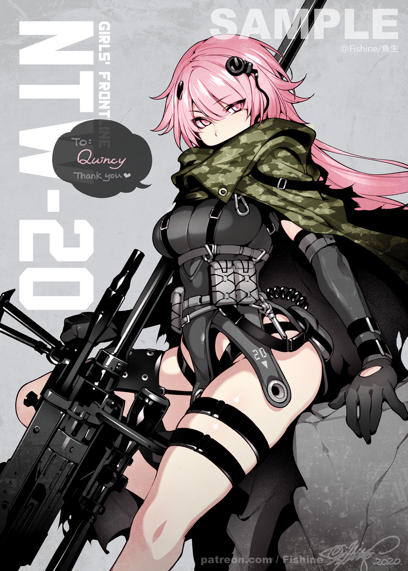 1girl anti-materiel_rifle bangs black_gloves black_leotard breasts camouflage camouflage_cloak character_name cloak commentary commission copyright_name english_commentary english_text eyebrows_visible_through_hair fishine girls_frontline gloves grey_background gun headgear large_breasts leotard long_hair mod3_(girls_frontline) ntw-20 ntw-20_(girls_frontline) patreon_username pink_eyes pink_hair rifle sample sniper_rifle solo thigh_strap weapon