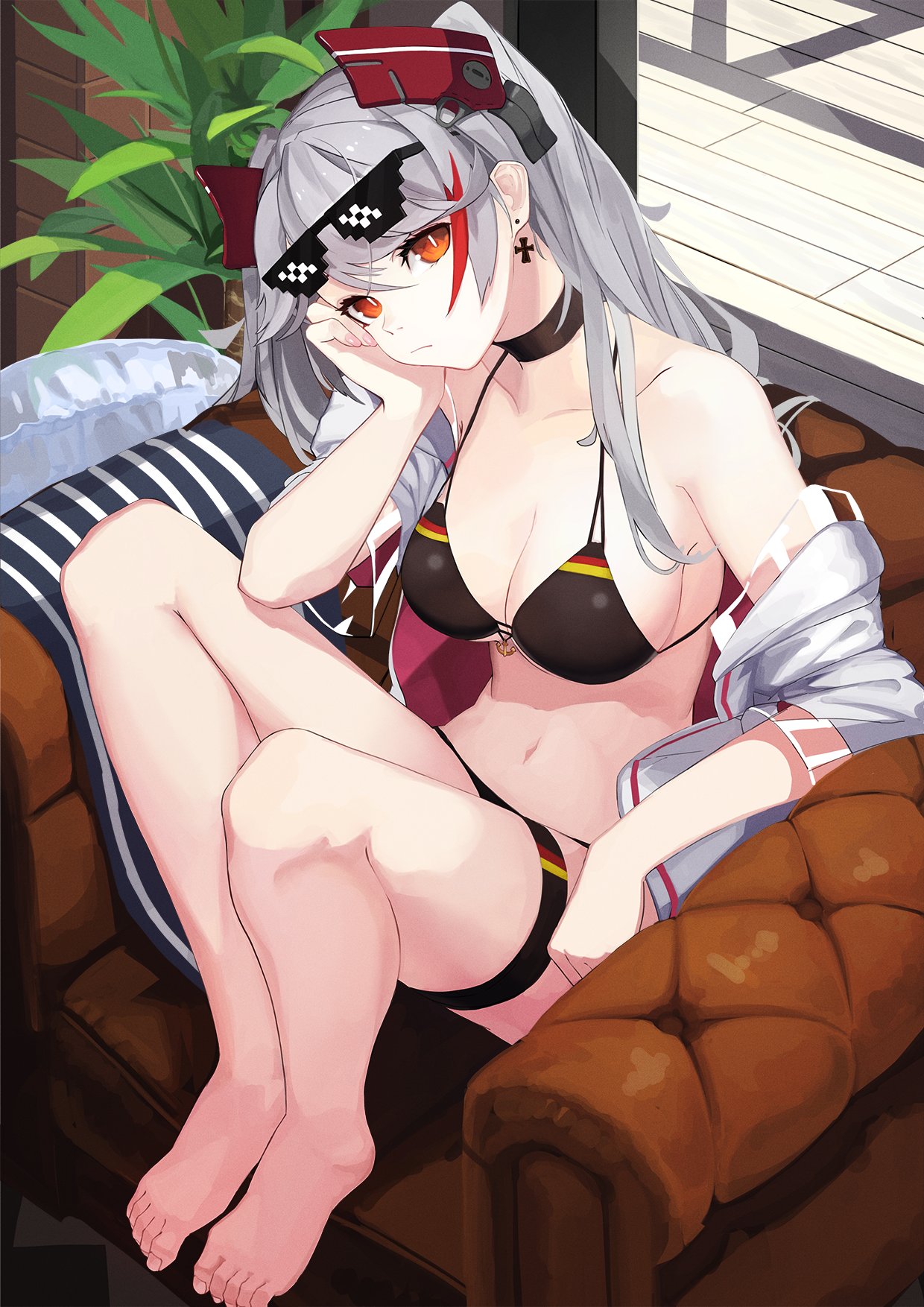 1girl aoiro_(t_aoiro123) azur_lane bare_shoulders barefoot bikini black_bikini black_choker breasts chair cheek_rest choker cleavage collarbone deal_with_it earrings eyewear_on_head flag_print from_above german_flag_bikini grey_hair highres jacket jewelry knees_up long_hair looking_at_viewer medium_breasts multicolored_hair navel off_shoulder open_clothes open_jacket prinz_eugen_(azur_lane) prinz_eugen_(unfading_smile)_(azur_lane) red_eyes sitting slit_pupils solo streaked_hair string_bikini sunglasses swimsuit thigh_strap two_side_up white_jacket