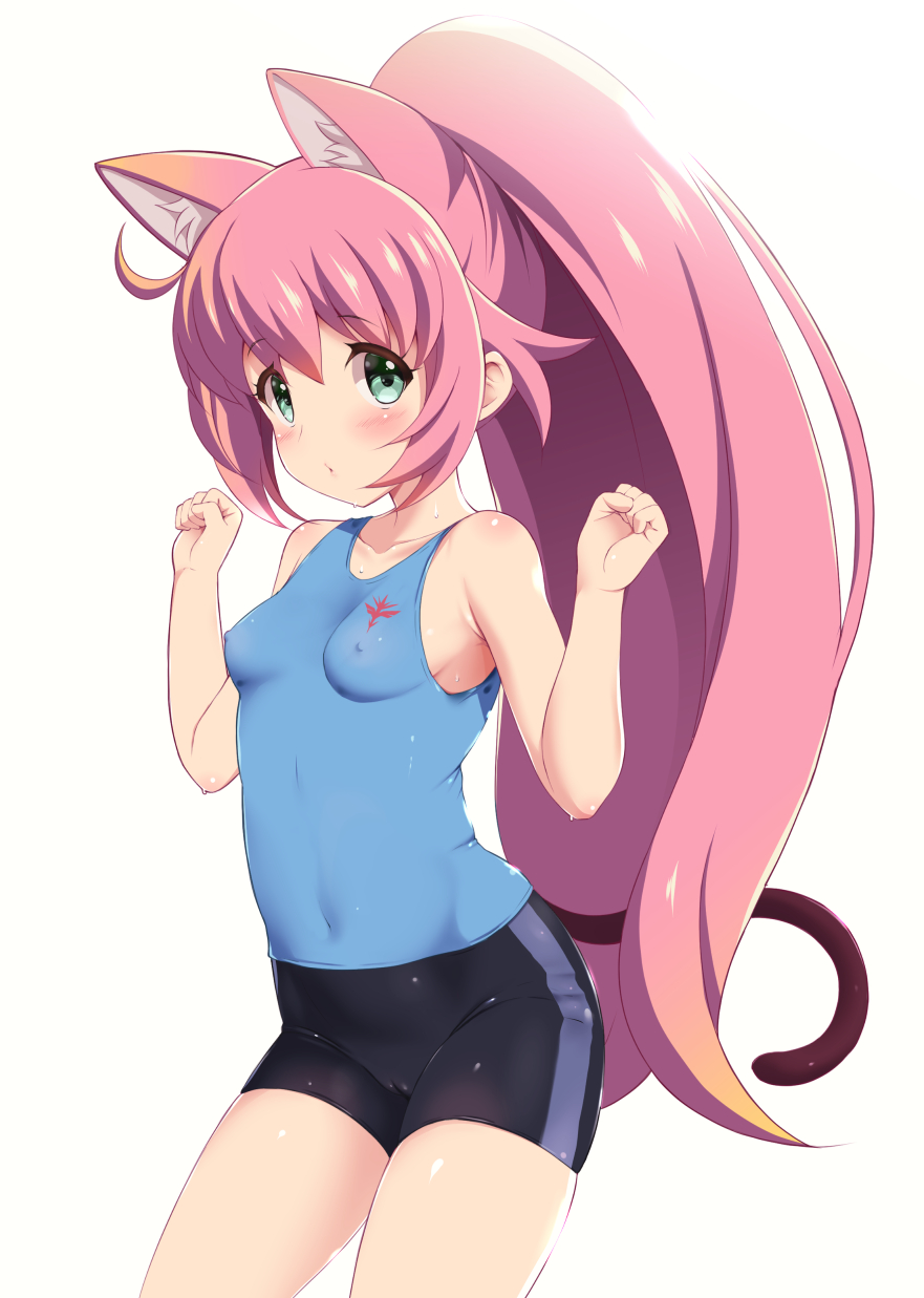 1girl ahoge animal_ear_fluff animal_ears armpits arms_up bike_shorts black_shorts blue_tank_top blush breasts cameltoe cat_ears cat_tail chisato_(missing_park) clenched_hands commentary_request covered_navel covered_nipples green_eyes gundam gundam_build_divers highres long_hair momo_(gundam_build_divers) pink_hair ponytail shorts simple_background small_breasts solo tail tank_top thighs very_long_hair white_background yashiro_momoka