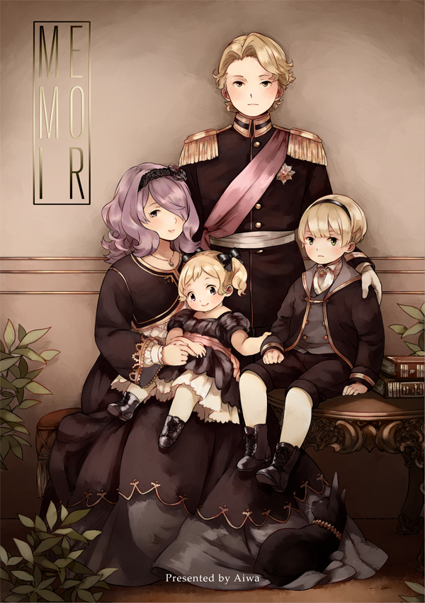 2boys 2girls ai-wa ankle_boots arm_at_side arm_grab artist_name ascot black_bow black_dress black_footwear black_jacket black_ribbon black_shorts blonde_hair blush book_stack boots bow brother_and_sister brothers brown_eyes camilla_(fire_emblem) child closed_mouth clothes_grab cross-laced_footwear dress elise_(fire_emblem) epaulettes fire_emblem fire_emblem_fates flipped_hair floor frown hair_over_one_eye hair_ribbon hairband hand_on_own_thigh indoors jacket jewelry leo_(fire_emblem) long_sleeves medal medium_hair multiple_boys multiple_girls necklace nervous one_eye_covered outstretched_arm pantyhose pendant puffy_short_sleeves puffy_sleeves purple_eyes purple_hair ribbon sash short_sleeves shorts siblings sisters sitting sitting_on_table smile standing stool table twintails vest wall white_legwear xander_(fire_emblem) younger