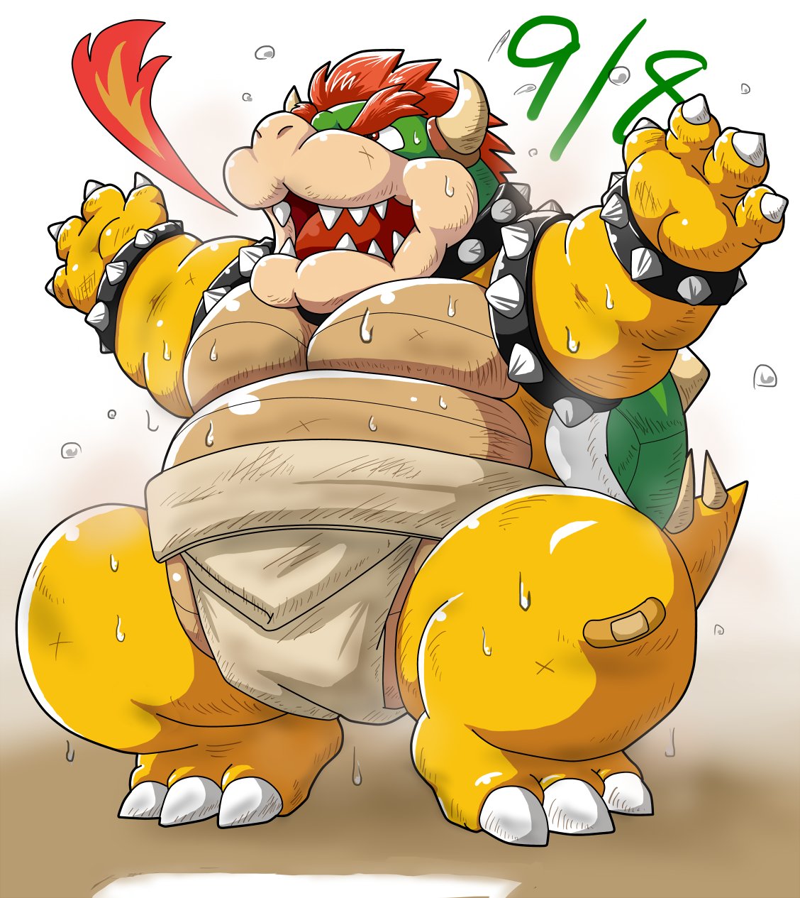 2020 anthro bandage belly big_belly bodily_fluids bowser bowser_day bracelet breath_powers collar crouching dirty elemental_manipulation fire fire_breathing fire_manipulation hi_res jewelry kemono kimagure_monja koopa male mario_bros moobs nintendo overweight overweight_anthro overweight_male scalie solo spiked_bracelet spiked_collar spikes sumo sweat thick_thighs video_games