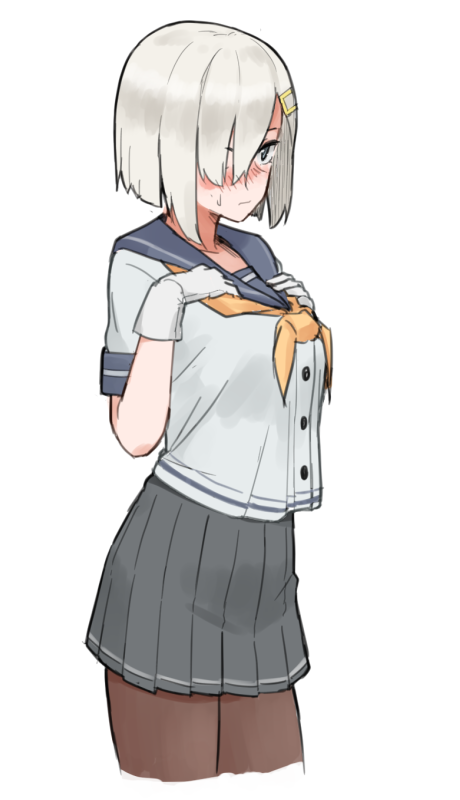 1girl black_legwear blue_eyes breasts commentary cropped_legs gloves grey_sailor_collar grey_skirt hair_ornament hair_over_one_eye hairclip hamakaze_(kantai_collection) kantai_collection large_breasts neckerchief pantyhose pleated_skirt sailor_collar school_uniform serafuku short_hair short_sleeves silver_hair simple_background skirt solo standing tsurugi_muda white_background white_gloves yellow_neckwear