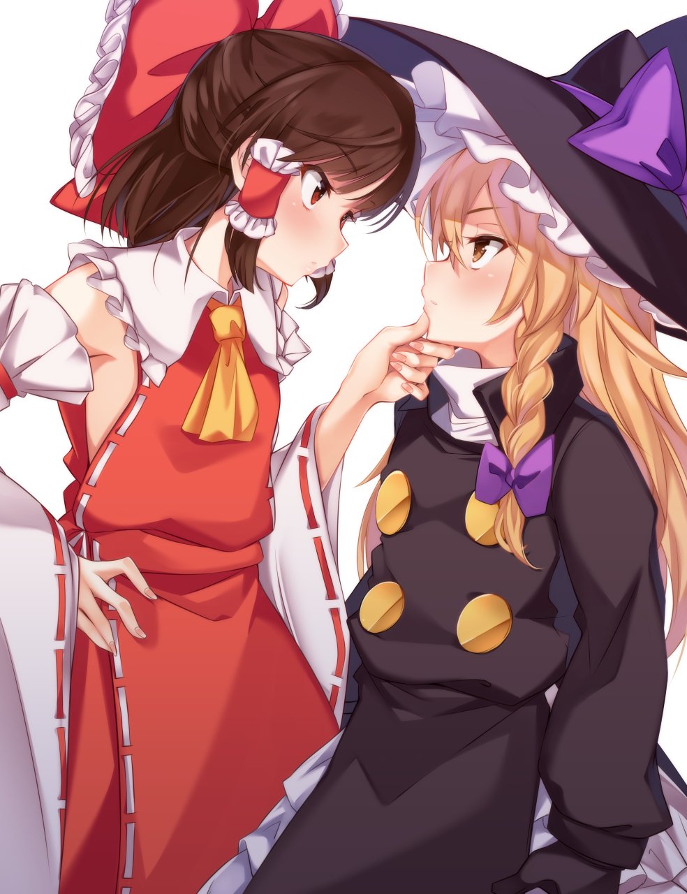 2girls adapted_costume ascot black_coat black_gloves black_jacket blonde_hair blush bow brown_eyes brown_hair chin_grab closed_mouth coat collar commentary cowboy_shot detached_sleeves dress eye_contact frilled_bow frilled_collar frilled_dress frills gloves hair_bow hakurei_reimu half_updo hand_on_another's_chin hand_on_hip hand_up high_collar highres jacket kirisame_marisa long_sleeves looking_at_another medium_hair multiple_girls paburisiyasu purple_bow red_bow red_dress red_eyes red_ribbon ribbon ribbon-trimmed_dress side_slit sidelocks simple_background touhou turtleneck white_background white_ribbon wide_sleeves yellow_neckwear yuri