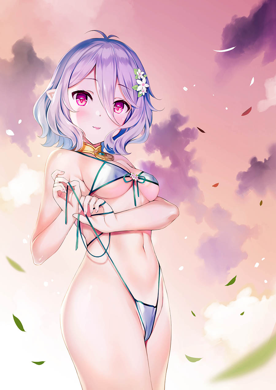 1girl antenna_hair ass bangs bikini blush breasts collar commentary_request elf eyebrows_visible_through_hair flower from_side front-tie_bikini front-tie_top groin hair_flower hair_ornament highleg highleg_bikini highres kokkoro_(princess_connect!) looking navel parted_lips pink_eyes pointy_ears princess_connect! princess_connect!_re:dive rei_(rei's_room) short_hair sideboob sidelocks silver_hair small_breasts solo swimsuit thighs tying