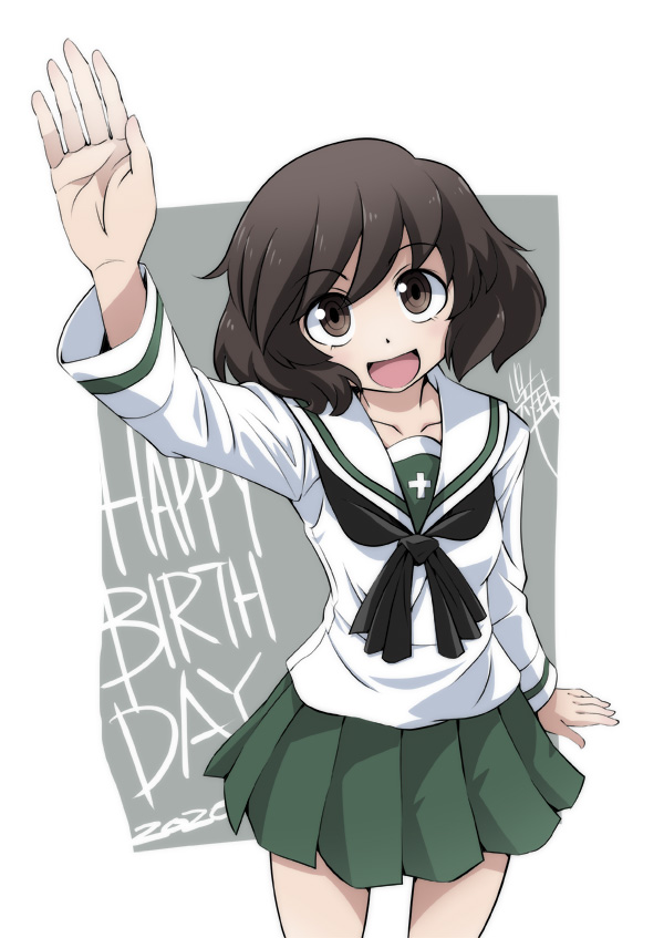 1girl :d akiyama_yukari arm_up artist_name bangs black_neckwear blouse brown_eyes brown_hair dated english_text eyebrows_visible_through_hair foreshortening girls_und_panzer gofu green_skirt grey_background happy_birthday long_sleeves looking_at_viewer messy_hair miniskirt neckerchief ooarai_school_uniform open_mouth pleated_skirt sailor_collar school_uniform serafuku short_hair signature skirt smile solo standing white_blouse white_sailor_collar