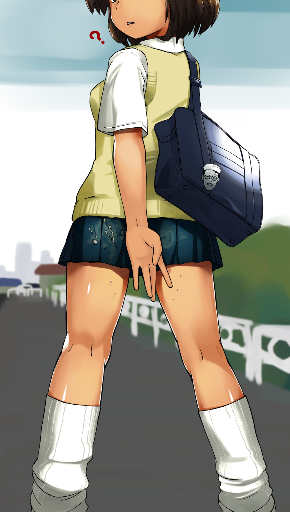 ? bag brown_hair covering covering_ass from_behind genmai-doublevision head_out_of_frame highres kneepits legs looking_back loose_socks miniskirt original pleated_skirt poop school_uniform short_hair skirt socks solo sweat sweater_vest