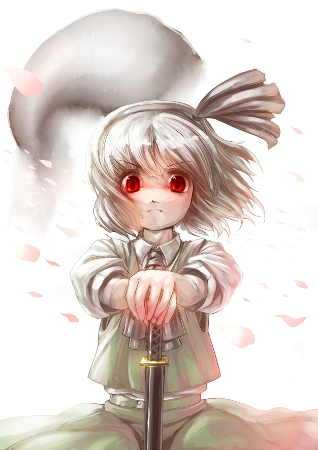 danbo_(rock_clime) ghost glaring hairband hands_on_hilt katana konpaku_youmu konpaku_youmu_(ghost) looking_at_viewer red_eyes short_hair silver_hair solo sword touhou weapon