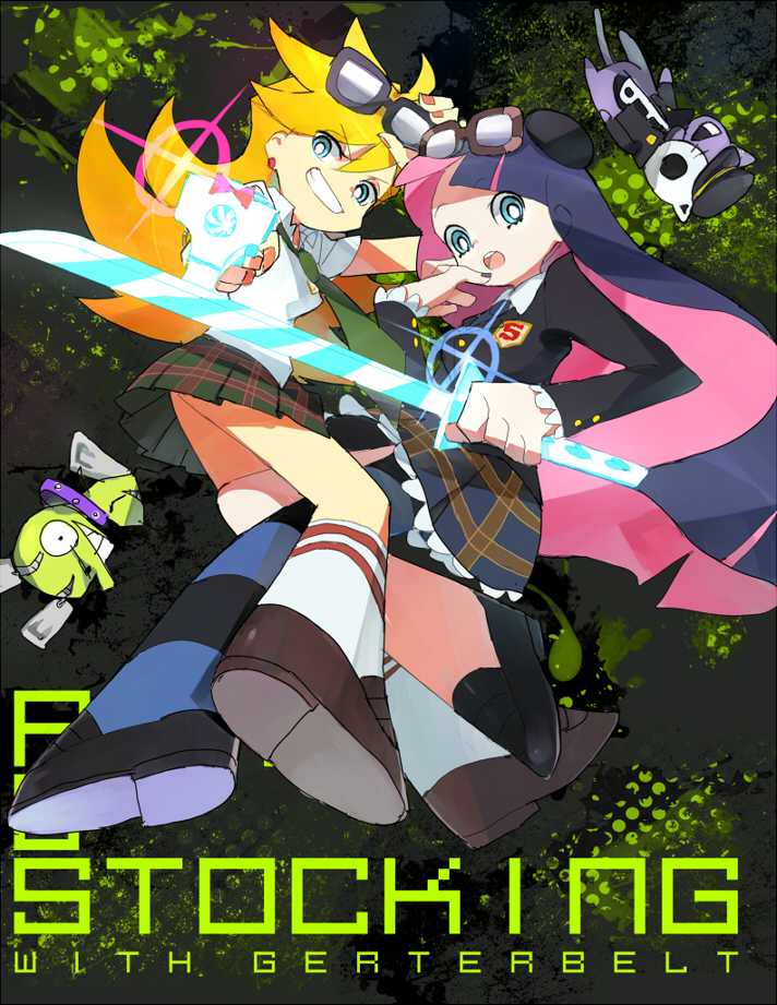 2girls blonde_hair blue_eyes blue_hair bow chuck_(psg) dress green_eyes gun hair_bow honekoneko_(psg) katana long_hair multicolored_hair multiple_girls panty_&amp;_stocking_with_garterbelt panty_(psg) pink_hair plaid plaid_skirt single_thighhigh skirt stocking_(psg) striped striped_legwear sunglasses sword thighhighs two-tone_hair weapon