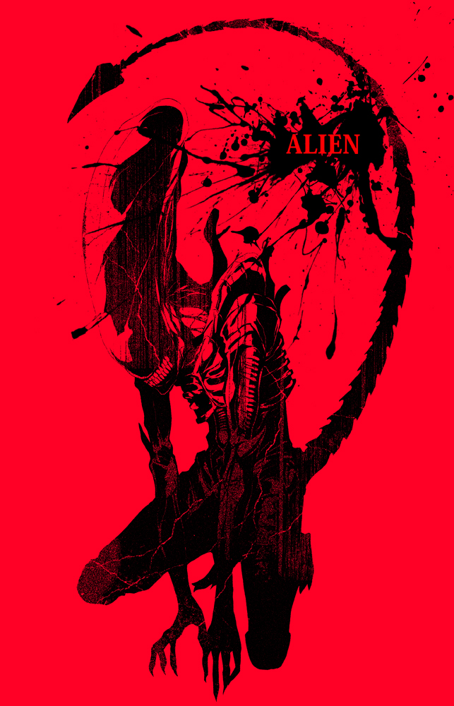 alien_(movie) bad_id bad_pixiv_id banned_artist blood blood_splatter carapace claws english monochrome monster no_humans s_tanly simple_background squatting tail xenomorph