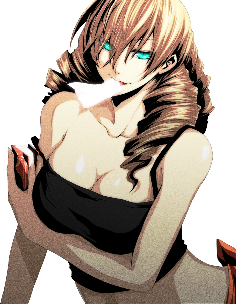 aqua_eyes bad_id bad_pixiv_id banned_artist bare_shoulders breast_hold breasts brown_hair cleavage drill_hair large_breasts long_hair mouth_hold oriana_thomason s_tanly solo to_aru_majutsu_no_index