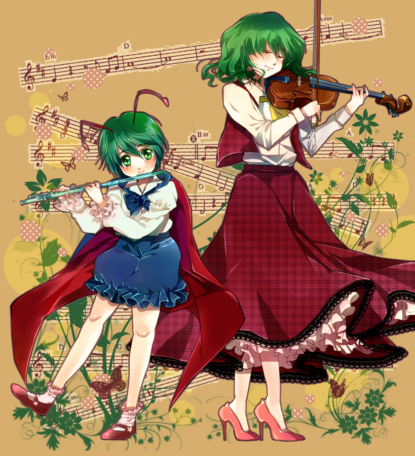 antennae ascot banned_artist beamed_eighth_notes blouse bug butterfly cape closed_eyes coda_sign dotted_half_note dotted_quarter_note eighth_note eighth_rest flute green_eyes green_hair half_note half_rest high_heels insect instrument kazami_yuuka long_skirt mary_janes multiple_girls musical_note no_socks plaid plaid_skirt plaid_vest poko_(mammypoko) quarter_note quarter_rest red_skirt sharp_sign shoes shorts skirt skirt_set smile socks staff_(music) standing time_signature touhou treble_clef unmoving_pattern vest violin whole_note wriggle_nightbug
