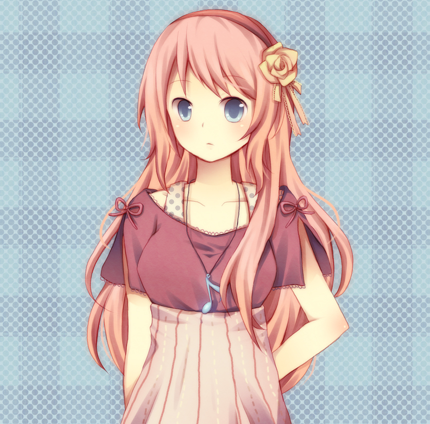 alternate_costume bad_id bad_pixiv_id blue_eyes casual chizu_(fiute) contemporary flower glowing hair_flower hair_ornament hairband jewelry long_hair megurine_luka musical_note pendant pink_hair polka_dot polka_dot_background solo vocaloid