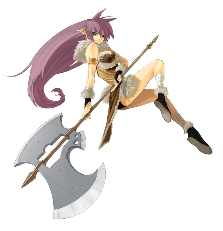 ass axe bandages battle_axe breasts cleavage copyright_request green_eyes grin huge_weapon jumping long_hair medium_breasts pointy_ears purple_hair shimotsuki_eight smile solo weapon