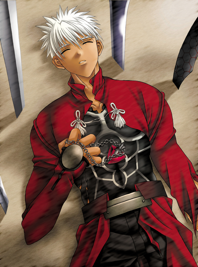 archer fate/stay_night fate_(series) jewelry male_focus pendant rikky sleeping solo sword unlimited_blade_works weapon