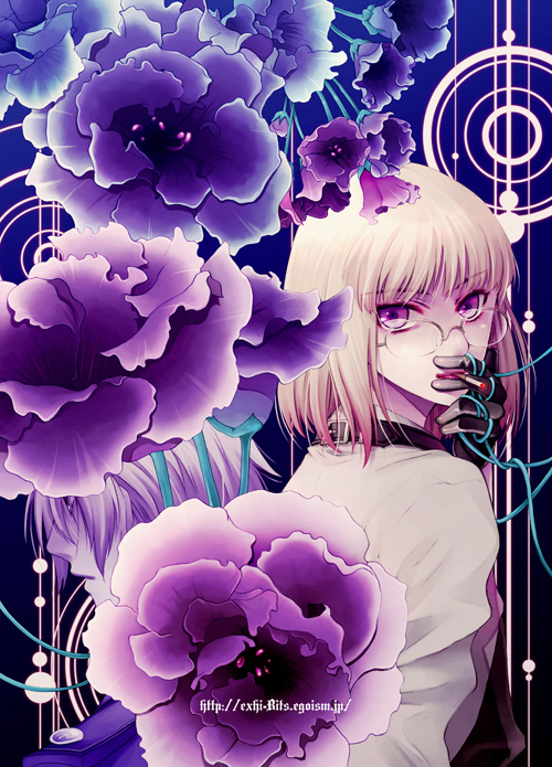 ayamiya_fumi bad_id bad_pixiv_id banned_artist blonde_hair cigarette flower glasses gloves original purple_eyes solo