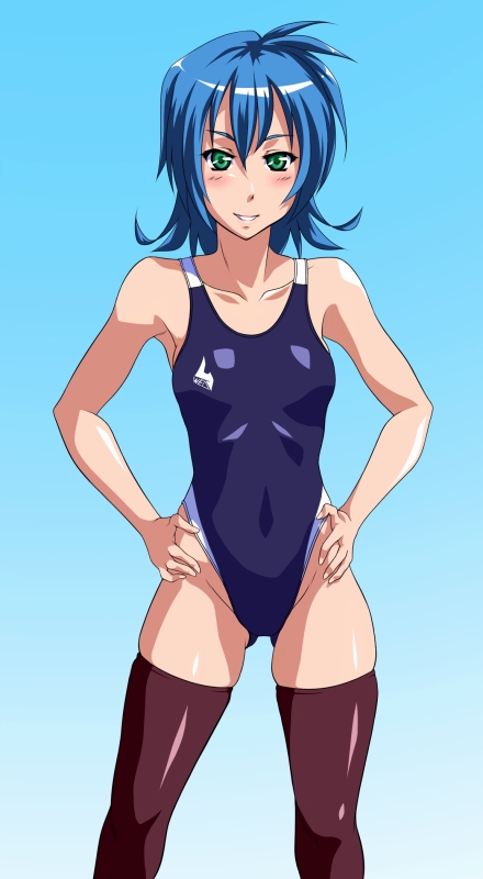 bad_id bad_pixiv_id blue_hair competition_swimsuit green_eyes hands_on_hips one-piece_swimsuit original short_hair solo swimsuit thighhighs yoshimo_(yoshimo)
