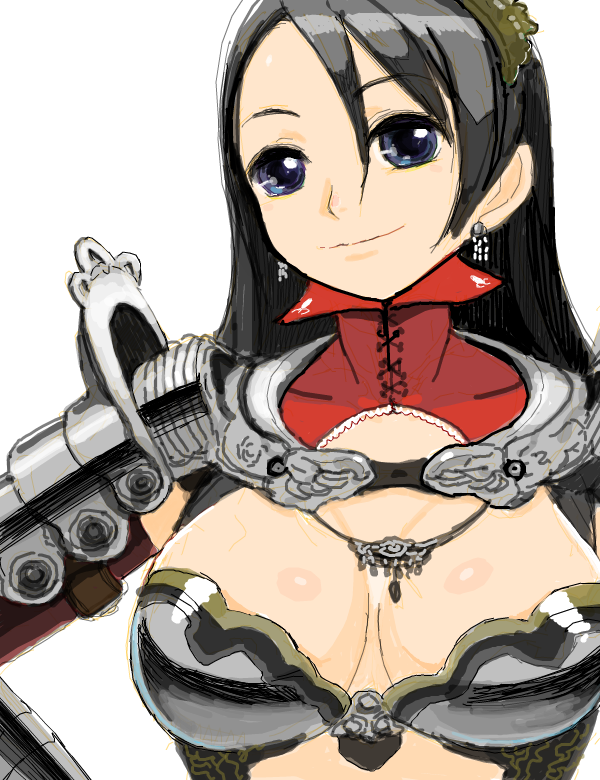 armor banned_artist black_hair blue_eyes breasts cleavage copyright_request earrings jewelry large_breasts long_hair nagasawa_shin smile solo
