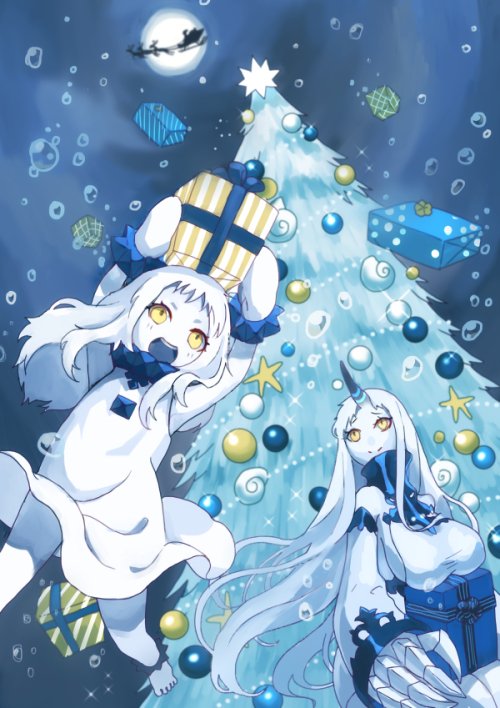 2girls barefoot box breasts bubble christmas christmas_tree claws dress gift gift_box holding holding_gift horns kantai_collection large_breasts long_hair mitsuyo_(mituyo324) mittens moon multiple_girls northern_ocean_hime open_mouth pale_skin reindeer santa_claus seaport_hime seashell shell shinkaisei-kan single_horn smile underwater water white_dress yellow_eyes