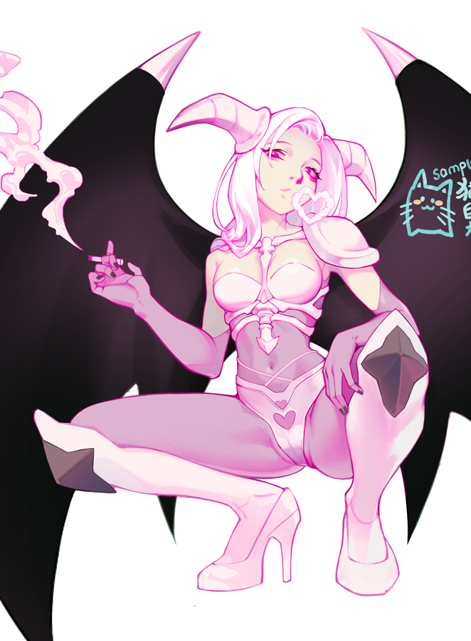 1girl black_nails black_wings cigarette collarbone covered_navel demon_horns demon_wings elbow_gloves fingernails genderswap gloves heart heart_cutout high_heels holding holding_cigarette horns long_hair parted_lips pink_eyes pink_footwear pink_gloves pink_hair pink_horns pink_legwear pink_theme sdr1989 simple_background smoke smoking solo spread_legs squatting summoned_skull white_background wings yuu-gi-ou yuu-gi-ou_duel_monsters