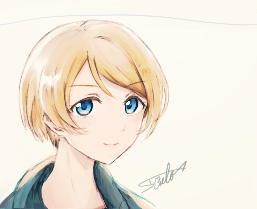 1girl artist_name ayase_eli blonde_hair blue_eyes commentary_request looking_at_viewer love_live! love_live!_school_idol_project short_hair simple_background smile solo suito upper_body white_background