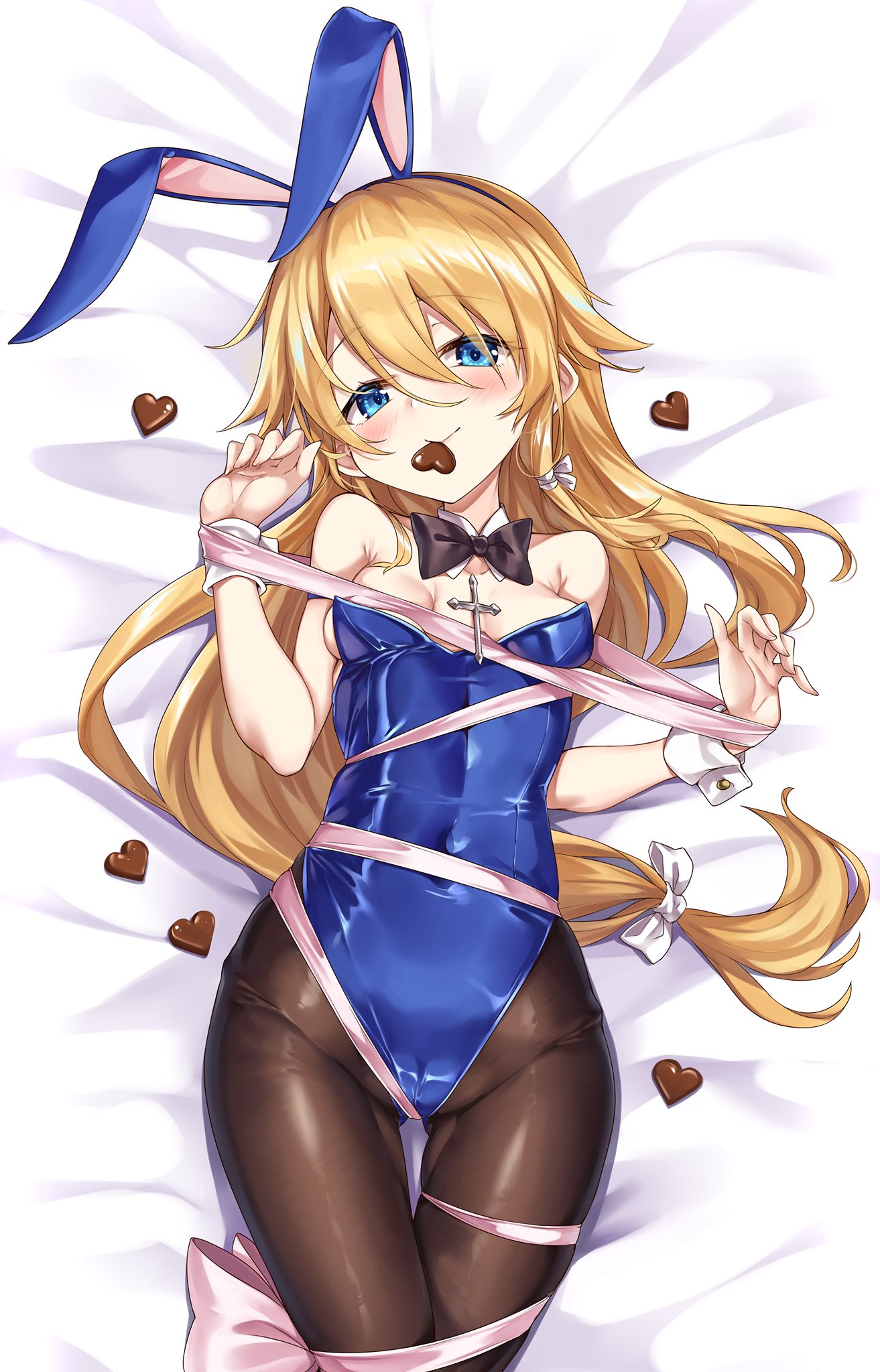 1girl animal_ears ass_visible_through_thighs black_legwear blonde_hair blue_eyes blush bound bow bowtie breasts bunny_ears candy chocolate chocolate_heart covered_navel detached_collar fake_animal_ears food hair_between_eyes hairband heart highres ks_(xephyrks) leotard long_hair low-tied_long_hair lying magi_in_wanchin_basilica mouth_hold on_back pantyhose ribbon ribbon_bondage rosary small_breasts solo thigh_gap very_long_hair wrist_cuffs xiao_ma