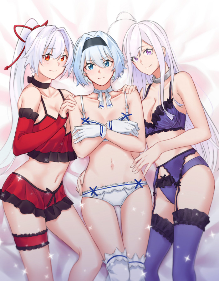 3girls 86_-eightysix- antenna_hair arm_around_waist ass_visible_through_thighs bare_shoulders bed_sheet black_choker black_hairband blue_eyes blue_hair bra breasts choker cleavage collar collarbone crossed_arms crossover detached_sleeves eyebrows_visible_through_hair fate/grand_order fate_(series) feet_out_of_frame frilled_gloves frills from_above garter_belt garter_straps girl_sandwich gloves hair_ribbon hairband hands_on_another's_shoulders high_ponytail long_hair long_sleeves lying medium_breasts multiple_girls navel neck_ribbon on_back panties purple_bra purple_eyes purple_legwear purple_panties red_bra red_eyes red_panties red_ribbon ribbon ryuuou_no_oshigoto! sandwiched saruno_(eyesonly712) short_hair silver_hair small_breasts sora_ginko sparkle stomach take_your_pick thigh_strap thighhighs tomoe_gozen_(fate/grand_order) underwear underwear_only very_long_hair vladilena_millize white_bra white_gloves white_legwear white_panties white_ribbon
