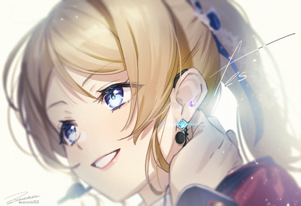 1girl ayase_eli blonde_hair blue_eyes close-up hand_on_own_neck headset jewelry love_live! love_live!_school_idol_project ponytail single_earring smile solo tied_hair zawawa_(satoukibi1108)