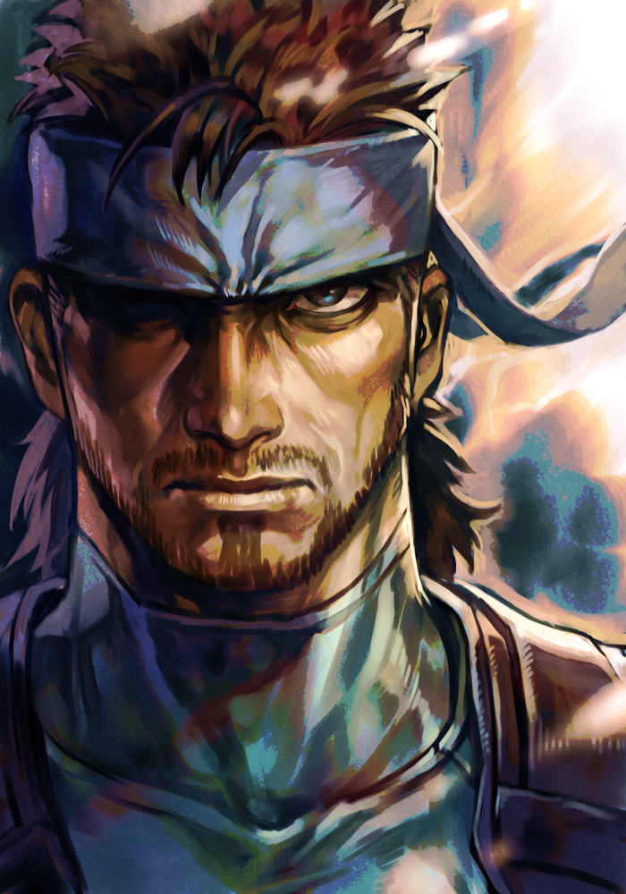 1boy bandana beard blue_bodysuit blue_headband bodysuit brown_hair closed_mouth face facial_hair hankuri headband looking_at_viewer male_focus manly metal_gear_(series) metal_gear_solid mullet mustache portrait serious shaded_face simple_background sneaking_suit solid_snake solo spiked_hair