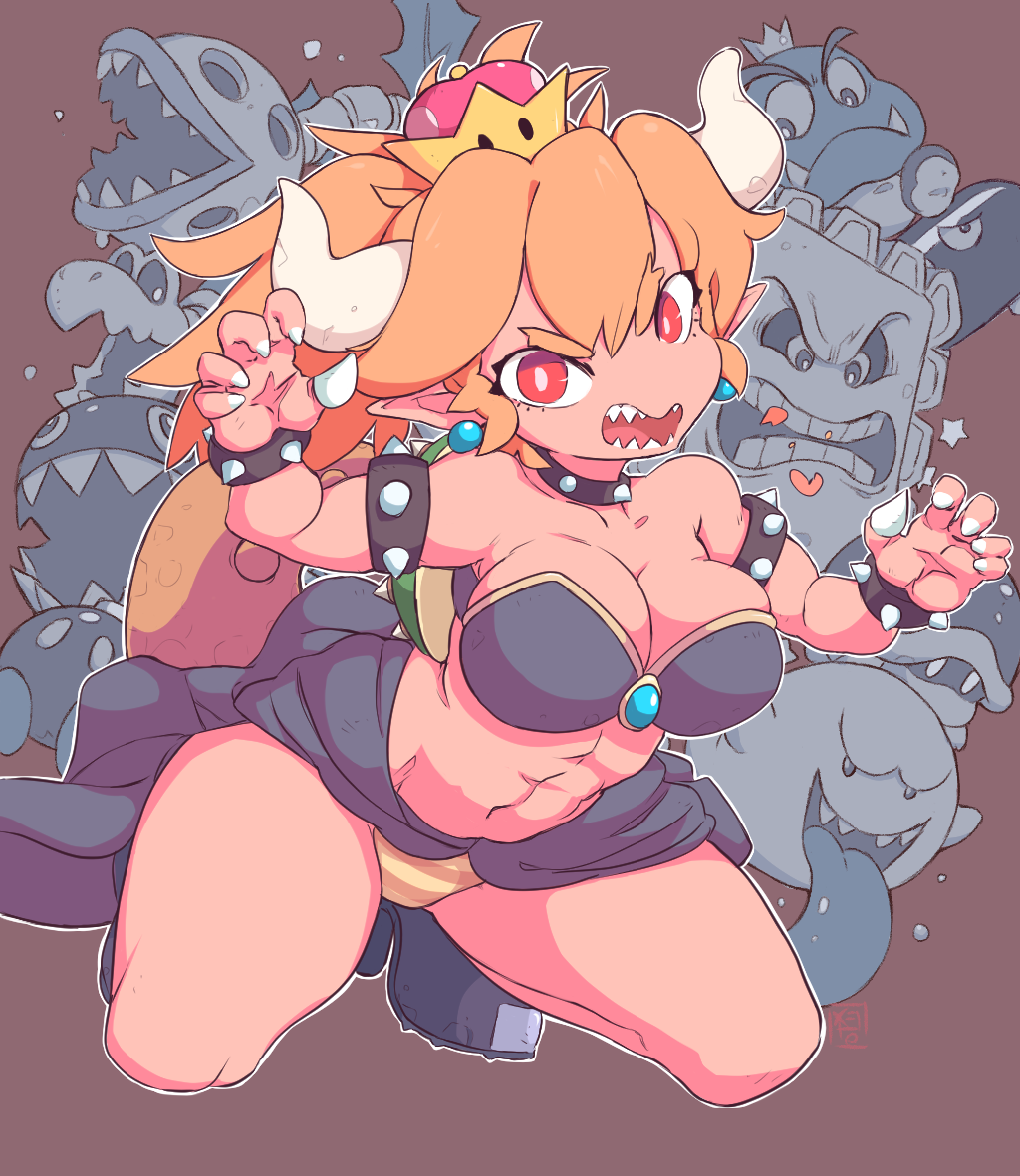 1girl abs armlet artist_name bangs bare_shoulders black_footwear blonde_hair bob-omb boo bowsette bracelet breasts brown_background bullet_bill buzzy_beetle chain_chomp claw_pose claws cleavage closed_mouth collar collarbone commentary_request crown dry_bones earrings english_commentary fangs full_body gem goomba hands_up heart high_heels horns jewelry kneeling large_breasts looking_at_viewer mario_(series) mini_crown mixed-language_commentary navel new_super_mario_bros._u_deluxe open_mouth orange_panties outline panties piranha_plant pointy_ears ponytail red_eyes sharp_teeth shoes signature smile solo_focus spiked_bracelet spiked_collar spikes star_(symbol) starmilk strapless striped striped_panties super_crown tail teeth thwomp tied_hair tongue tongue_out tubetop turtle_shell underwear white_outline